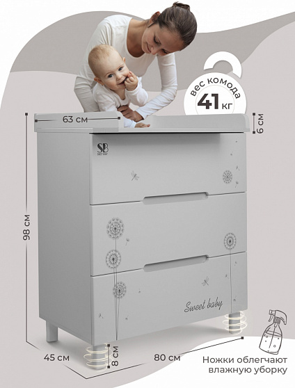 Комод Sweet Baby Arte, серый/одуванчик